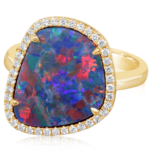 14K Yellow Gold Australian Opal Doublet/Diamond Ring