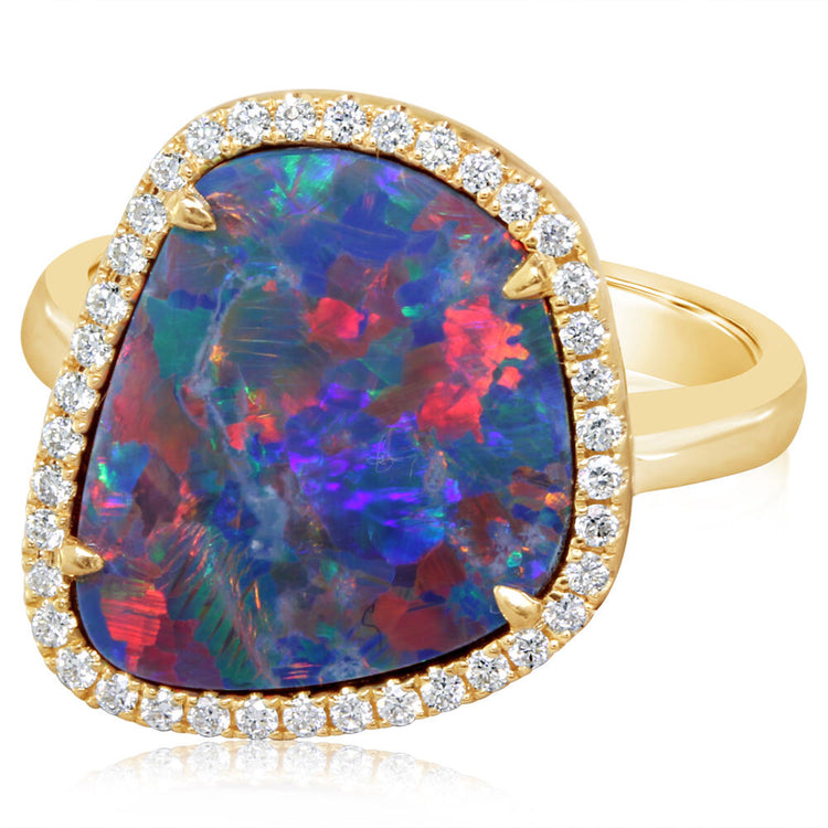 14K Yellow Gold Australian Opal Doublet/Diamond Ring