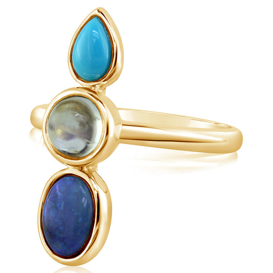 14K Yellow Gold Australian Black Opal/Arizona Turquoise/Moonstone Ring