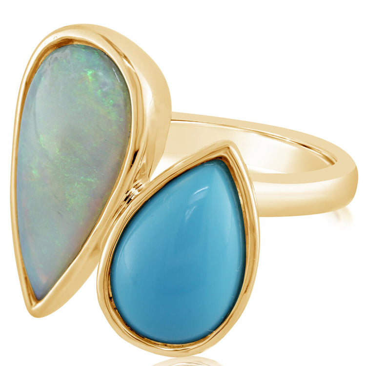 14K Yellow Gold Australian Black Opal/Arizona Turquoise Ring