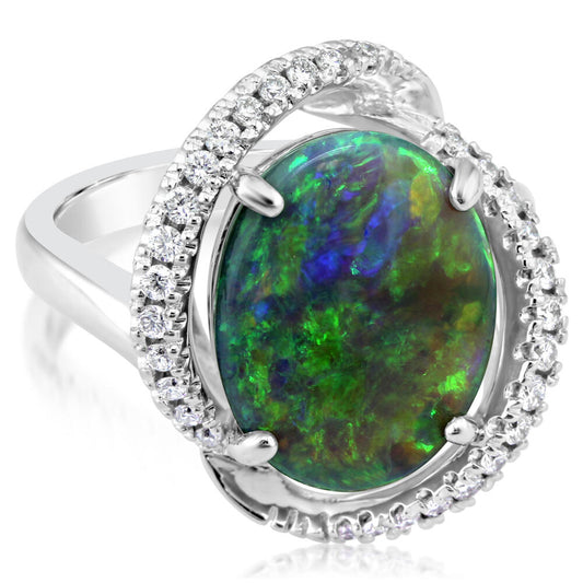 14K White Gold Australian Black Opal/Diamond Ring