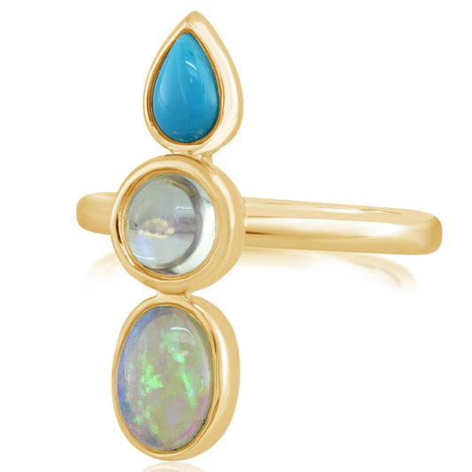 14K Yellow Gold Australian Opal/Arizona Turquoise/Moonstone Ring