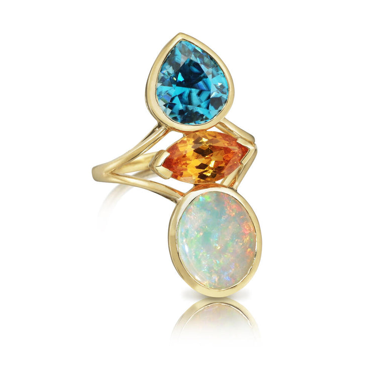 18K Yellow Gold Australian Opal/Blue Zircon/Spessartite Ring ,H