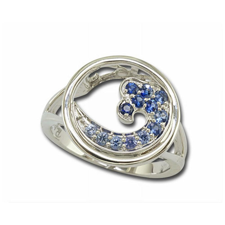 14K White Gold Graduated Blue Sapphire Wave In Circle 15mm Ring