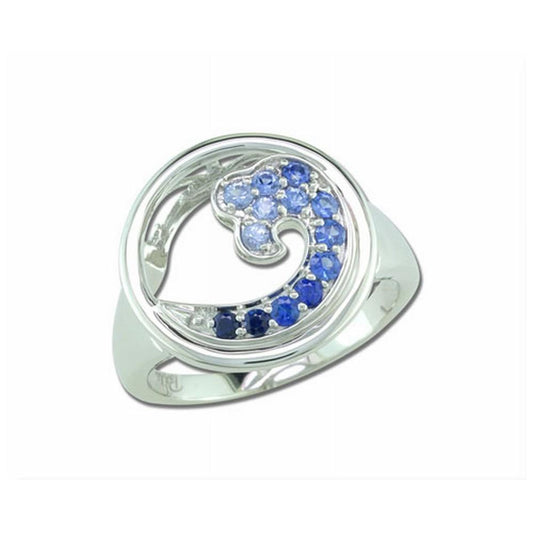 14K White Gold Graduated Blue Sapphire Wave In Circle 15mm Ring