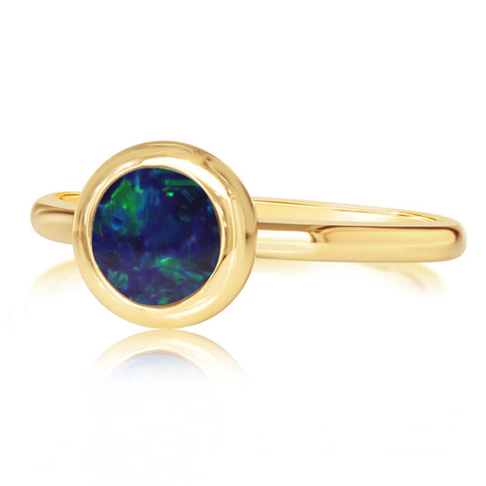 14K Yellow Gold 6mm Round Australian Opal Doublet Ring