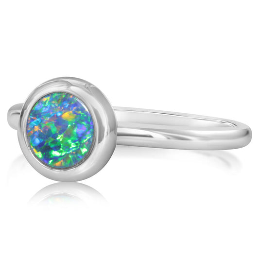 14K White Gold 6mm Round Australian Opal Doublet Ring