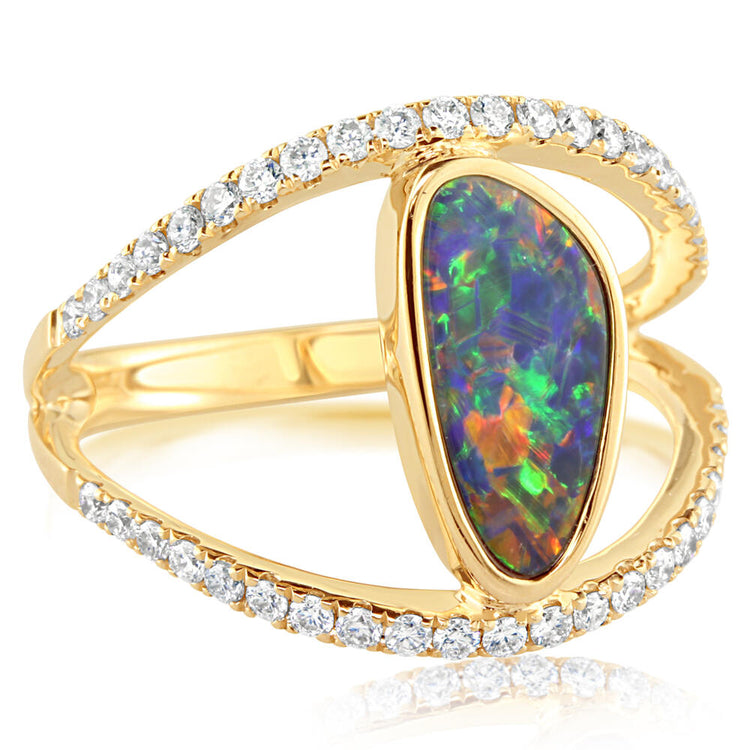 14K Yellow Gold Australian Opal Doublet/Diamond Ring