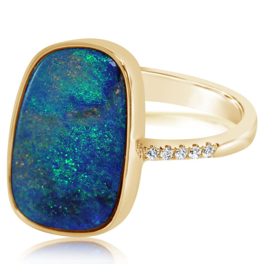 14K Yellow Gold Australian Opal Doublet/Diamond Ring , N