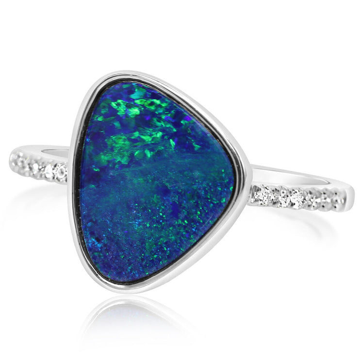 14K White Gold Australian Opal Doublet/Diamond Ring , N