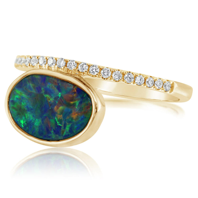 14K Yellow Gold Australian Opal Doublet/Diamond Ring , N