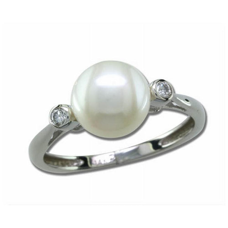 14K White Gold Freshwater Pearl 8mm/Diamond Bezel Ring