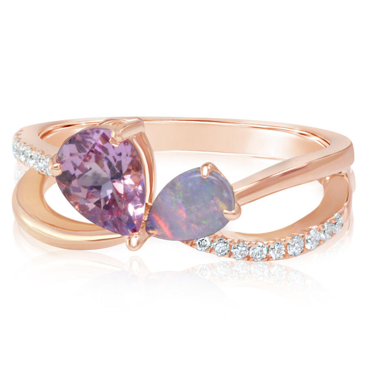 14K Rose Gold Lotus Garnet/Australian Opal/Diamond Ring