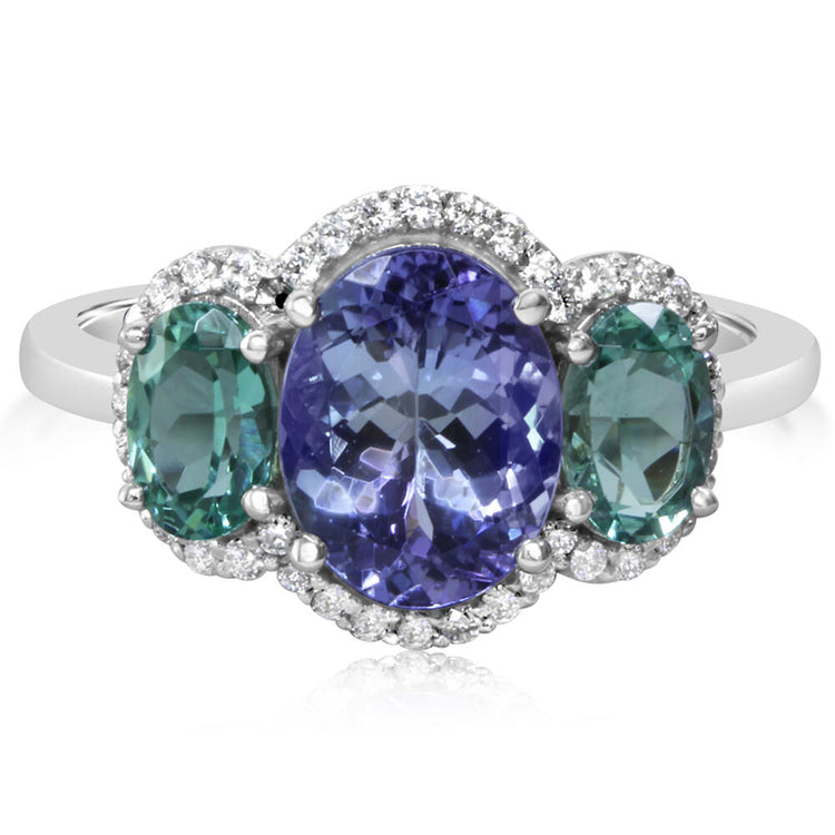 14K White Gold Peacock Tanzanite/Mint Tourmaline/Diamond Ring