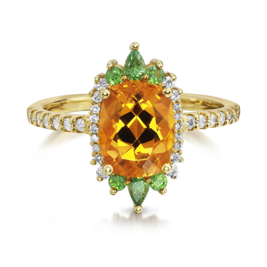 14K Yellow Gold Mandarin Garnet/Tsavorite/Diamond Ring