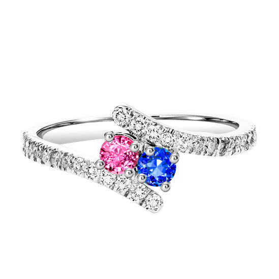 Silver Diamond Blue &  Pink Sapphire Two Stone Ring